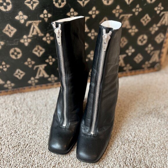 Celine Black Leather Front Center Zip Ankle Boots Booties - Picture 1 of 5